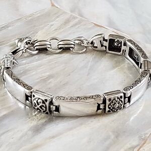 Brighton Tribeca Silver Plated Scroll Bar Link Bracelet & Heart Charm RETIRED 8”